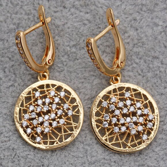18K Yellow Gold Filled Circle Carved Web Diamond Zircon Dangle Earrings Gorgeous - Picture 3 of 7